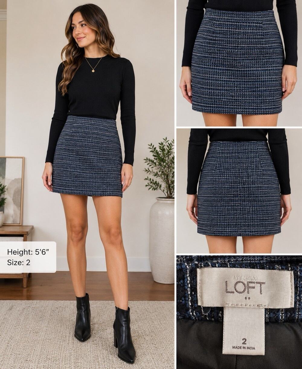 LOFT Textured Mini Skirt Blue Black Tweed Pattern Lined Size 2